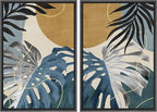 SIGNFORD Framed Canvas Print Wall Art Set Jungle Tropical Monstera Palm Leaf Abstract Shapes Illustration Modern Art Decorative Nordic Nature for Living Room, Bedroom, Office - 16"x24"x2 Black