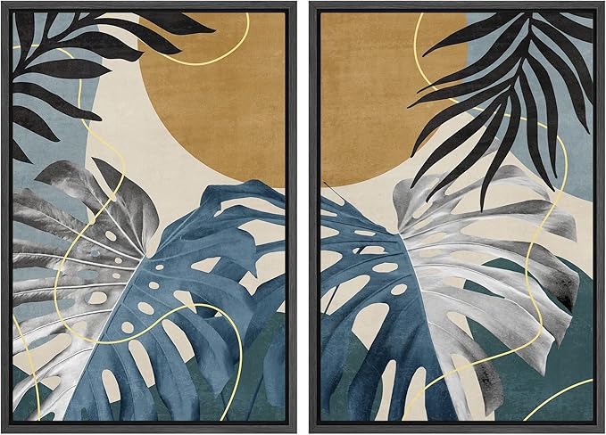 SIGNFORD Framed Canvas Print Wall Art Set Jungle Tropical Monstera Palm Leaf Abstract Shapes Illustration Modern Art Decorative Nordic Nature for Living Room, Bedroom, Office - 16"x24"x2 Black