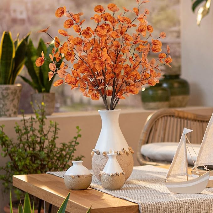 6pcs Artificial Fall Eucalyptus Leaves Stems Fall Decorations Silk Fake Eucalyptus Branches Fall Leaves for Vase Boquets Autumn Home Wedding Table Thanksgiving Decor Orange