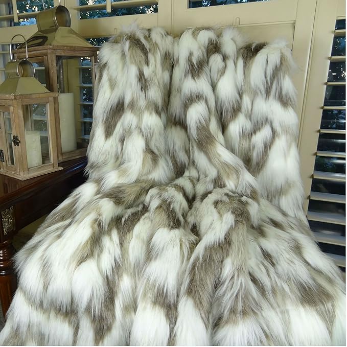 Ivory Beige Luxury Faux Fur Throw Blanket - Tibet Fox Fur - 80W x 110L Bedspread