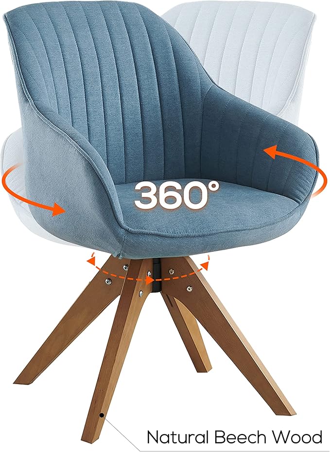 Art Leon Office Chair No Wheels, Mid Century Modern Desk Chair No Wheels, Swivel Accent Chair with Solid Wood Legs, Upholstered Arm Chair for Small Spaces Living Room Bedroom, Blue