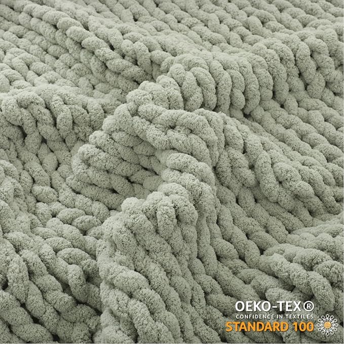 WESHIONGOO Chunky Knit Blanket Throw 50"×60" Knitted Throw Blankets for Couch Bed Fluffy Soft Blanket with Jumbo Chenille Yarn Thick 100% Handmade (Sage Green)