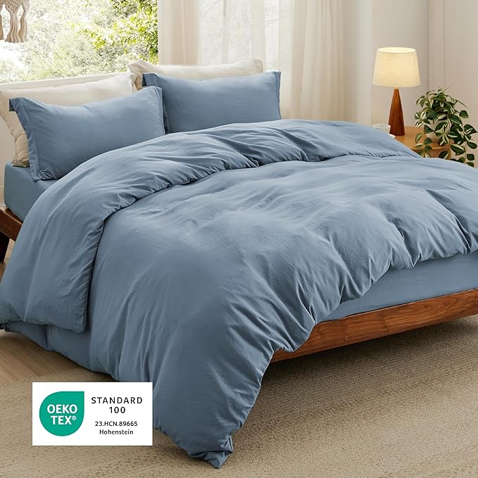 Bedsure Duvet Cover King Size with Fitted Sheet - 4 Pieces Prewashed Cotton-Like Extra Soft Bedding Set, Includes 1 Duvet Cover 104x90 Inches, 2 Pillow Shams, 1 Fitted Sheet, Mineral Blue