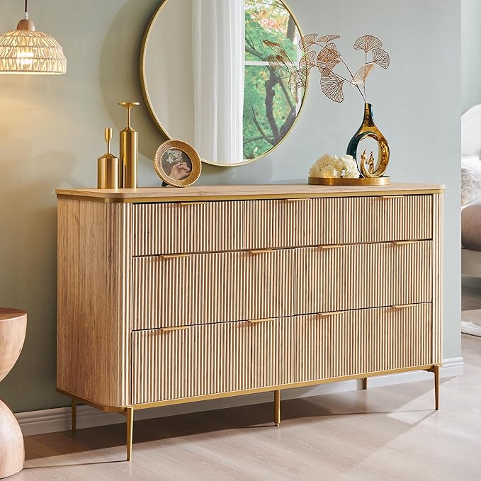 T4TREAM 7-Drawer Dresser Fluted Design, with Gold Accents (Natural Oak)