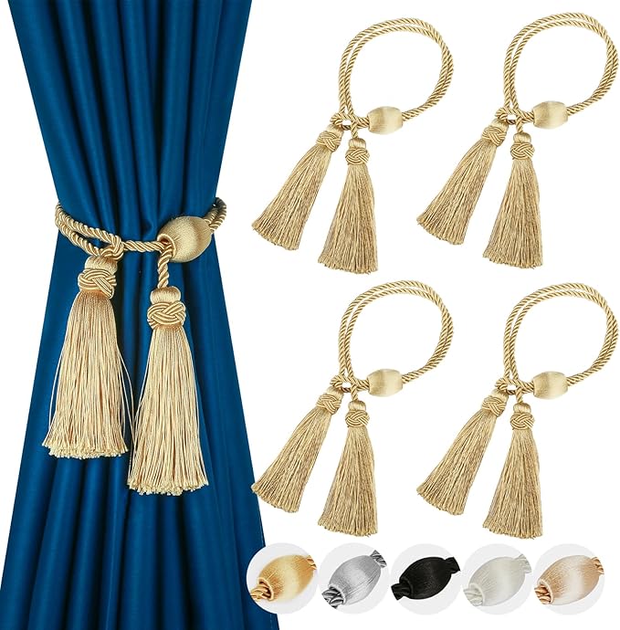 Curtain Tiebacks with Tassel,Modern Rope Window Curtain Ties Backs for Draperies, Outdoor Elegant Decorative Curtain Holdbacks 4 Pack