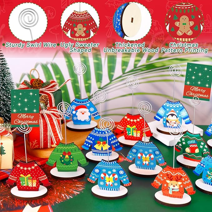 24 Pcs Ugly Sweater Christmas Table Place Card Holders Stand Display, Wooden Christmas Table Card Holders with Swirl Wire Memo Name Number Photo Sign Clip Holder for Christmas Party Table Decorations
