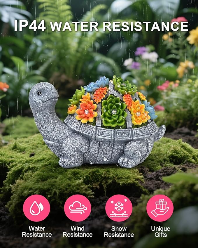 Solar Turtle Statue Garden Decor for Outside with Succulents and 7 LED Lights – 10.3 Inch Cute Lawn Ornaments for Patio, Porch, Balcony & Yard – Unique Birthday Gifts for Women Mom Grandma Wife