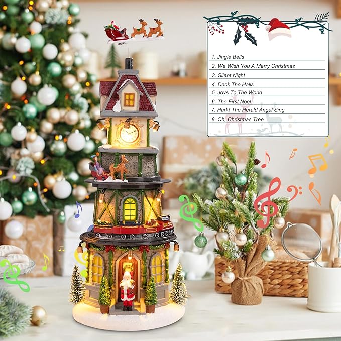 Christmas Collectible Buildings - LED Lit Bell Tower, Musical Village Houses with USB Indoor Display Figurines