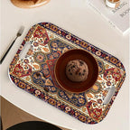 Serving Trays with Handles, 14.5 x 9.8 inch Rectangular Plastic Tray for Restaurant, Kitchen, Dark Red Pattern