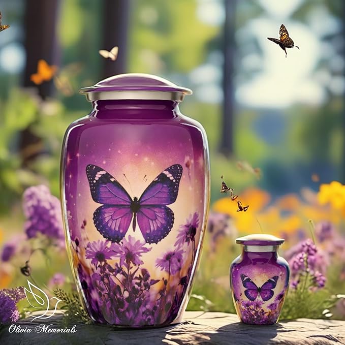 Olivia Memorials Urn for Ashes Women Men - Cremation Urns for Adult Male Female Human - Large Urns for Mom - mall Mini Keepsake (Purple Butterfly, 1 Small Keepsake)