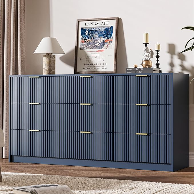 Navy Dresser for Bedroom, 9 Drawer Double Dresser, Modern Chest of Drawers for Bedroom, Living Room, Entryway and Closet, 63" L x 15.7" D x 31.5" H