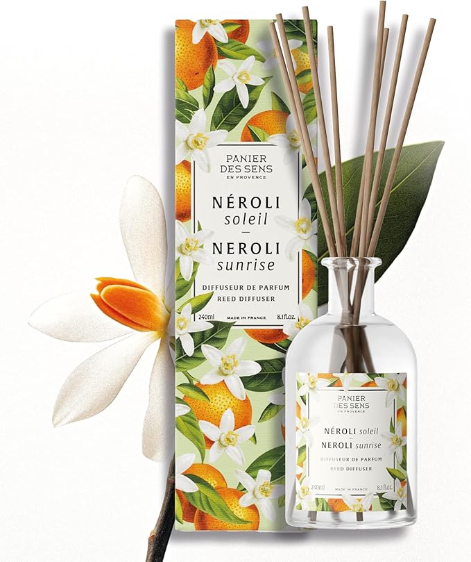 Panier des Sens - Neroli Luxury Reed Diffuser 8.1 fl.oz – Long Lasting Fragrance 5+ Months - Elegant Home Fragrance in Glass Bottle - Oil-Based Scent Diffuser Made in France - 90% Natural Ingredients
