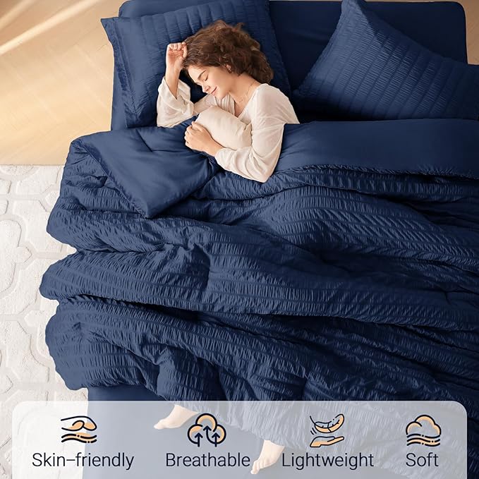 MUXHOMO 7 Pieces Queen Comforter Set, Seersucker Bed in a Bag Queen Size, All Season Luxury Bedding Set with Comforter, Flat Sheet, Fitted Sheet, Pillowcases & Shams, Navy Blue