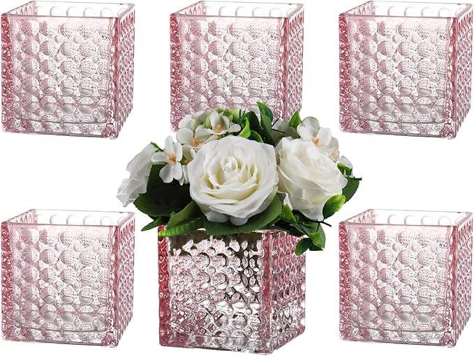 Square Vases Set of 6, 5" x 5" x 5" Square Glass Vases for Flowers, Pink Flower Vase for Centerpieces, Small Bubble Vase for Wedding, Party, Home, Office, Parties, Events