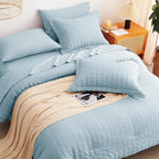 CozyLux Queen Comforter Set Light Blue Seersucker 7 Pieces Bed in a Bag Queen Comforter Set with Sheets Luxury Soft Bedding Set with Down Alternative Comforter, Sheets, Pillowcases & Shams All Seasons
