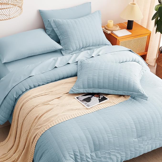 CozyLux Queen Comforter Set Light Blue Seersucker 7 Pieces Bed in a Bag Queen Comforter Set with Sheets Luxury Soft Bedding Set with Down Alternative Comforter, Sheets, Pillowcases & Shams All Seasons