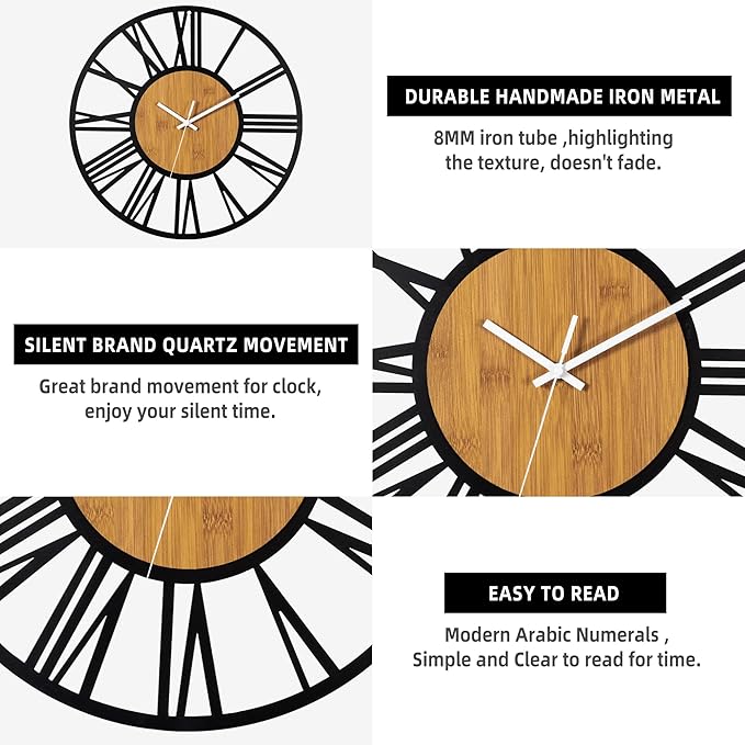 1st owned 40" Large Display Wall Clock for Home Decor - Silent,Battery Operated,Black Metal, Modern, Rustic Wood Clocks for Living Room,Farmhouse,Dining Room,Bedroom,Shop Wall Decor- Roman Numerals