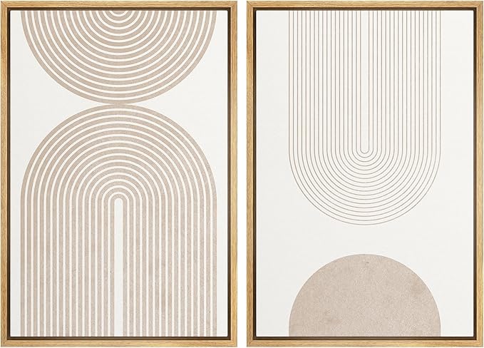SIGNFORD Framed Canvas Print Wall Art Set Beige & White Duotone Geometric Spiral Polygons Abstract Shapes Illustrations Modern Art Decorative Minimalist Relax/Cozy for Bedroom - 24"x36"x2 Natural