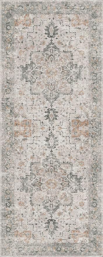 GENIMO Runner Rug 3x7, Non Slip Vintage Hallway Runner Rugs, Low Pile Lightweight Machine Washable Mat for Hallway, Entryway, Bedroom, Kitchen and Corridor, Light Taupe Brown