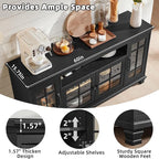 Large Black Sideboard Buffet Cabinet with Storage, Vintage Farmhouse 60" Wide Credenza Accent Cabinets with Glass Doors & Wood Legs, Kitchen Console Bar Table for Dining Room, Living Room