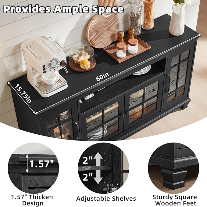 Large Black Sideboard Buffet Cabinet with Storage, Vintage Farmhouse 60" Wide Credenza Accent Cabinets with Glass Doors & Wood Legs, Kitchen Console Bar Table for Dining Room, Living Room