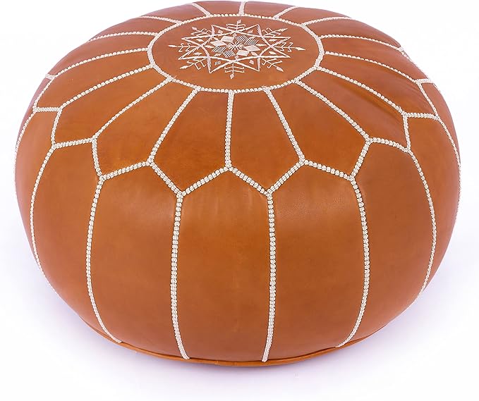 Marrakesh Gallery Genuine Leather Round Pouf Unstuffed - Moroccan Ottoman Footstool, Footrest Cover - Boho Decor - Bohemian Living Room, Bedroom, Kids Room, Gift & Wedding