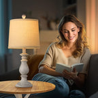 QiMH Farmhouse Table Lamp Set of 2, Rustic Table Lamps for Living Room, Vintage Nightstand Lamp with Rotary Switch, Beside Lamps for Bedroom, Traditional Table Lamps with Linen Shade, Antique Grey