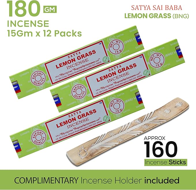Satya Lemon Grass & Nagchampa Incense - 15gmx12 Pack with Raajsee Incense Holder
