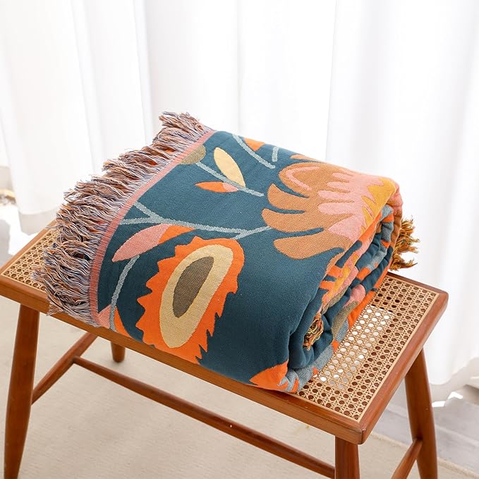 Snycler Boho Throw Blanket for Bed, 100% Organic Cotton Muslin Soft Throw-Orange Boho Floral Farmhouse Rustic Spring Summer Fall Decor Blanket for Couch Sofa Quilt and Gift, 60" x 80"