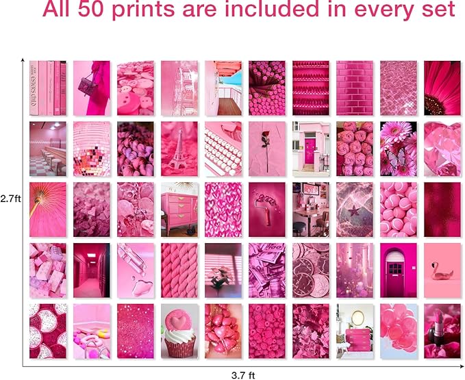Y2K BOO Vibrant Pink Wall Collage Kit - 50pcs Aesthetic Posters for Room Decor, Perfect Dorm and Bedroom Wall Art, Fun and Feminine Pink Collage Kit for Teen Girls' Playful Rooms