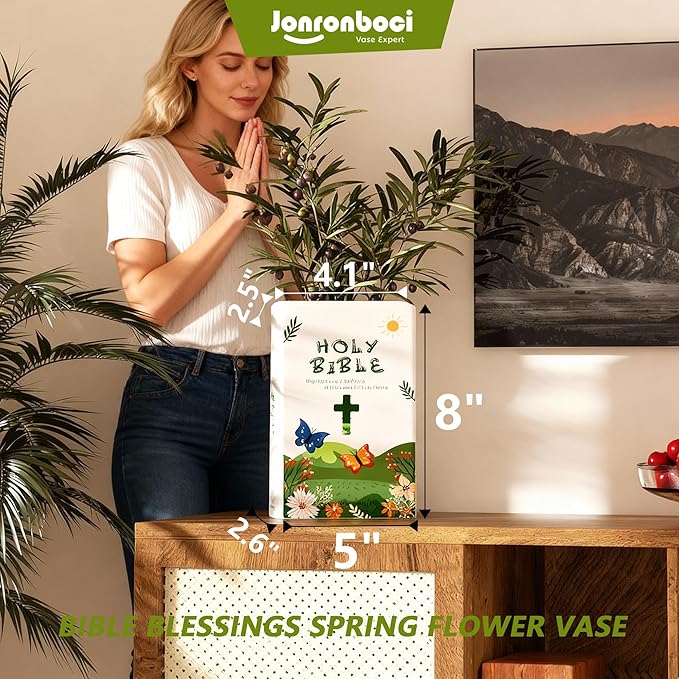 Bible Blessings Spring Flower Vase - Modern Ceramic Book-Shaped Vase for Flowers - Christian Desk Decor for Prayer Room, Dining Table, Coffee Table, Entryway Console, Religious Gifts(Green Spring, XL)