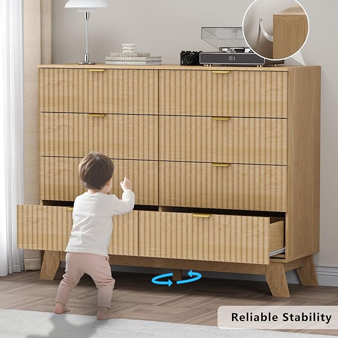 Fluted 8 Drawer Tall Dresser, 47.2" Wide Modern Boho Chest of Drawers, Wooden Storage Dresser TV Stand for Bedroom, Living Room, Closet, Hallway, Curved Profile Design