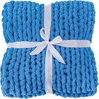 Bigacogo Chunky Knit Throw Blanket for Couch, 40x80 inches, 100% Hand Knitted with Thick Jumbo Chenille Yarn, Cozy Soft Large Rope Knot Cable Crochet Blankets for Sofa Bed Living Room, Bright Blue
