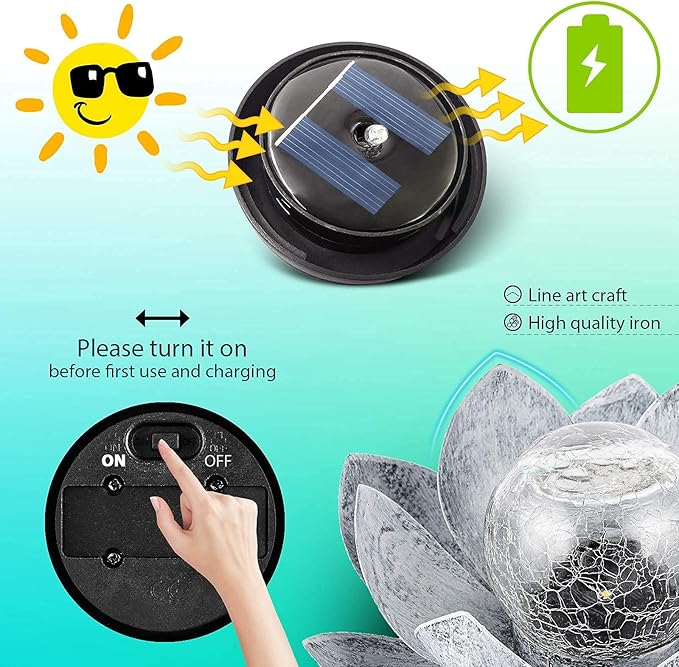 Garden Solar Light Outdoor(2Pack), Amber Crackle Globe Glass Lotus Decoration, Waterproof Gary Metal LED Flower Lights for Patio,Lawn,Walkway,Tabletop, Garden Gifts for Women