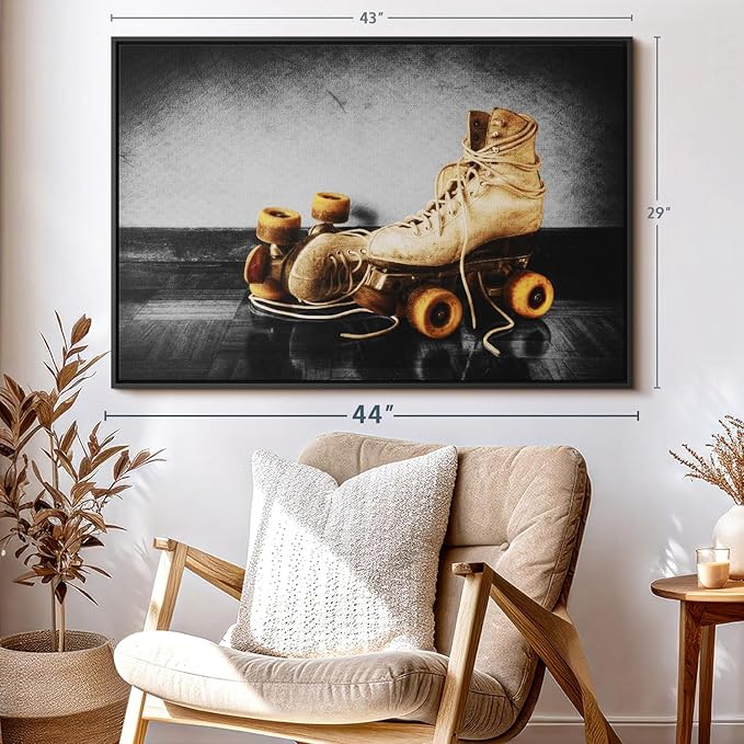 ElephantStock Vintage Skates Pop Wall Art - Horizontal Framed Canvas - 1-Piece Living Room Wall Decor - Sport Photography Canvas Print - Beige and Black Decor for Wall - 43" X 29"