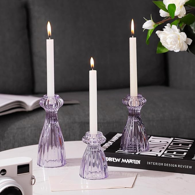 Lysenn Glass Candle Stick Holder Set of 6 – Premium Taper Candle Holders for Romantic Ambiance - Candle Sticks Holder Decor for Special Occasions - Purple