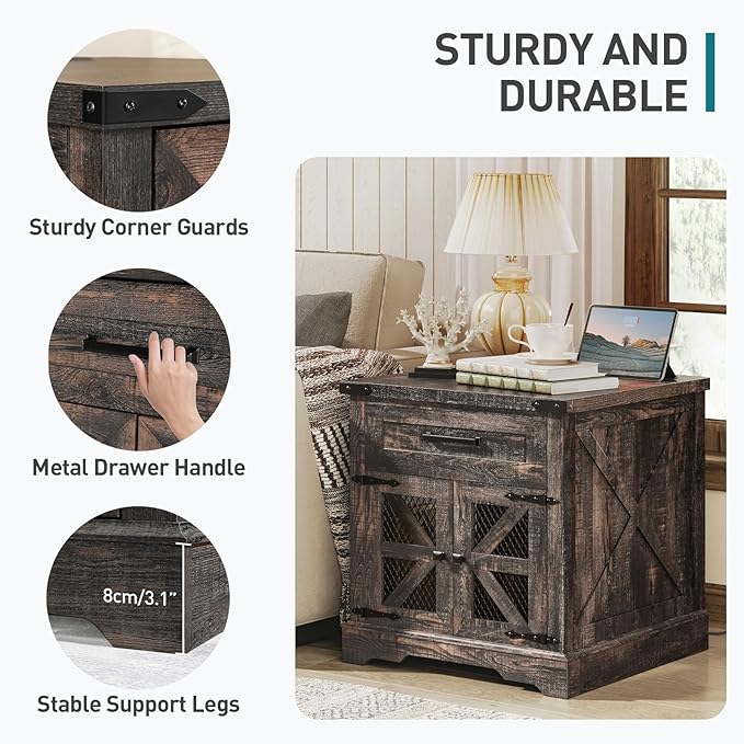 Farmhouse End Table Set of 2, 24" Large Sofa Side Table with Drawer, Large End Table for Living Room, Wooden Nightstand with Charging Station, Square, Dark Rustic Oak