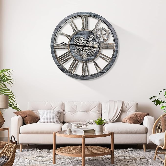 HOIBAI Large Wall Clock Oversized 30 Inch Clocks for Living Room Decor Wall Decor Farmhouse Vintage Rustic Industrial Roman Big Chic Home Decor Wall Clock for House Bedroom, Moving Gears Clock
