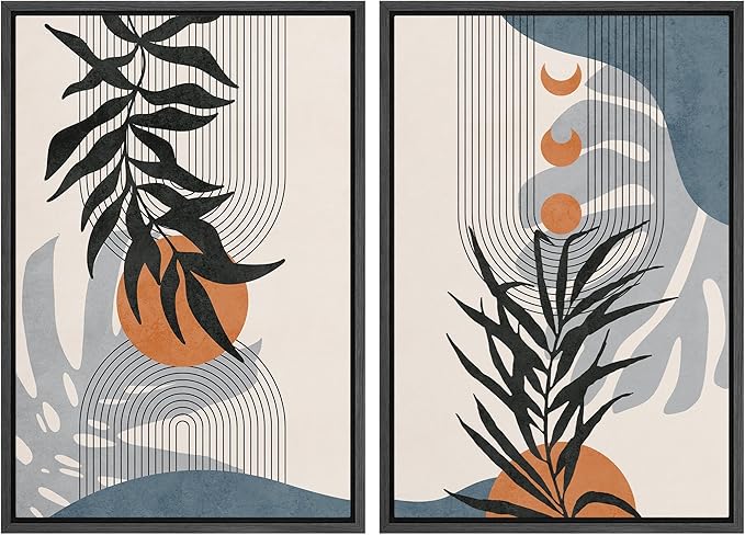 SIGNFORD Framed Canvas Print Wall Art Forest Plant Silhouettes & Mid-Century Symbols Abstract Shapes Illustrations Modern Boho Nature for Living Room, Bedroom, Office - 16"x24"x2 Black