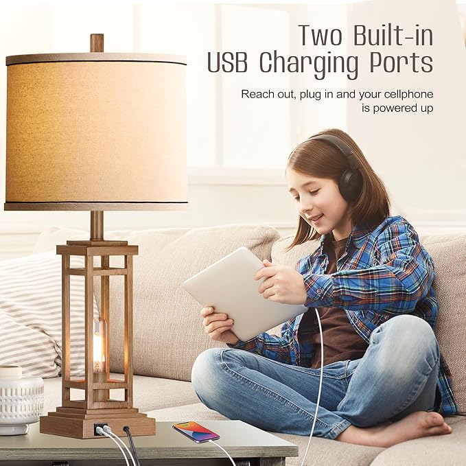 ROTTOGOON 27.5 Tall Farmhouse Table Lamp with USB C + USB A Charge Ports, Rustic Living Room Lamp, Black Industrial End Table Lamp for Bedroom Living Room Nightstand (Wood)