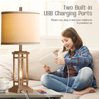 27.5 Tall Farmhouse Table Lamps with USB C + USB A Charge Ports, Rustic Living Room Lamps Set of 2, Black Industrial End Table Lamp for Bedroom Living Room Nightstand (Wood)