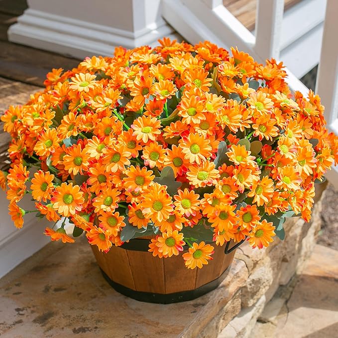 Daisy Artificial Flowers for Outdoors Fall Autumn Decoration, 6 Bundles Fake Mums Orange Silk Flowers for Outside Look Real UV Resistant Fake Plants Faux Flowers for Planter Front Door Home Indoor Urn