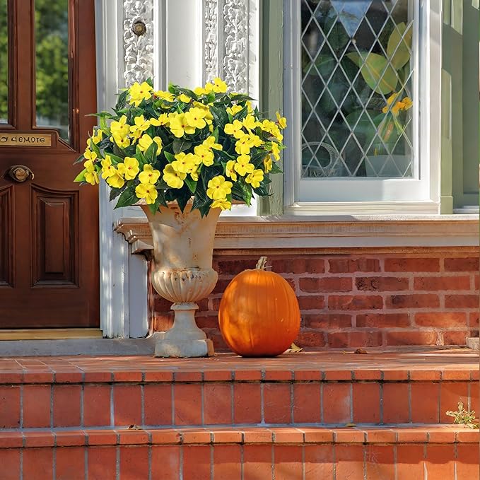 Artificial Impatiens Bouquet Flowers for Outdoors Silk Faux Flowers for Outdoor Impatiens Plants Decor Indoor Planters Kitchen Planters and Balcony Decorations 4PCS (Yellow)