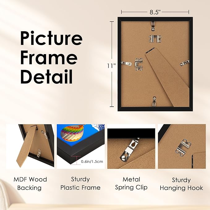 FIXSMITH 8.5x11 Picture Frame, Black Photo Frame with HD Plexiglass, Display Pictures 6x8 with Mat or 8.5x11 Without Mat, Picture Frames Collage for Tabletop or Wall Display, 1 Pack