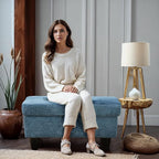 Ottoman Rectangular Storage Ottoman Bench, Flannel Footrest Stool Footstool with Lid for Living Room, Bedroom, Entryway, Light Blue, 28.5"x19"x17.5"