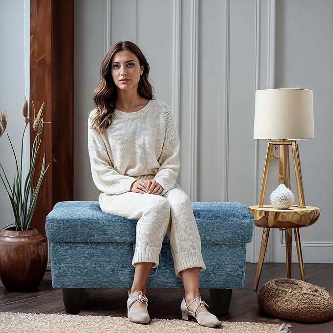 Ottoman Rectangular Storage Ottoman Bench, Flannel Footrest Stool Footstool with Lid for Living Room, Bedroom, Entryway, Light Blue, 28.5"x19"x17.5"