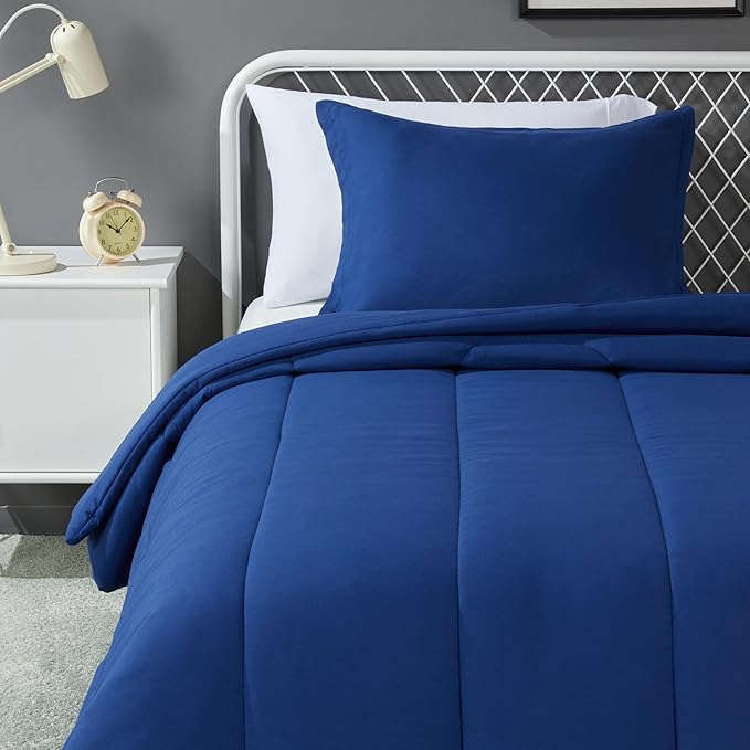 Amazon Basics 2 Piece Soft Microfiber Kids' Comforter and Pillow Sham Set, Twin, Navy, Solid