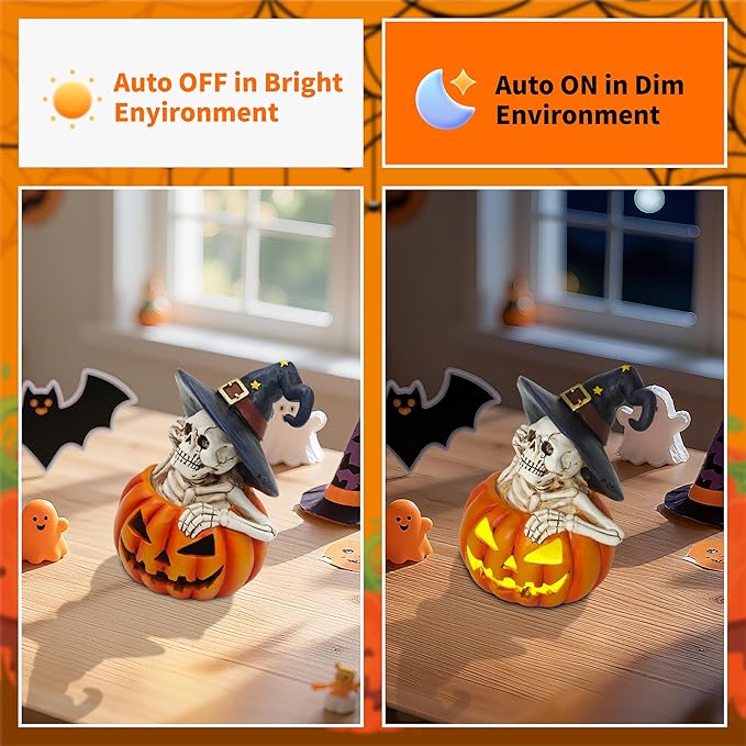 Skeleton Halloween Indoor Decoration: 6.1'' Witch Hat Skeleton Ornament with Solar Pumpkin for Home Fireplace Office Party Perfect Figurine Gift for Gothic Lovers