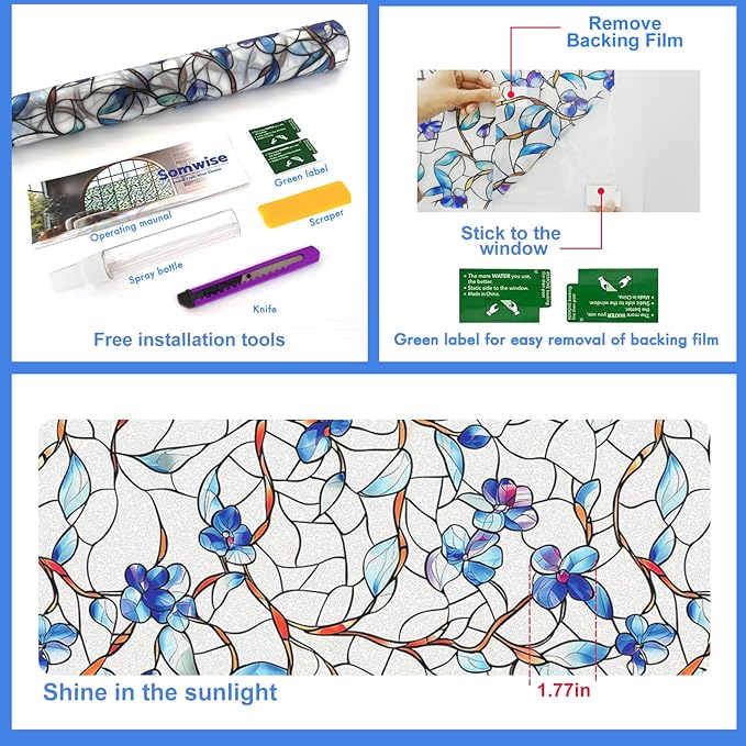 Window Privacy Film Stained Glass Decorative Static Clings Frosted Window Tint for Home Room Decor Bathroom Door Car Stickers with Glittering Effect, Removable(Blue Violet Botanical)