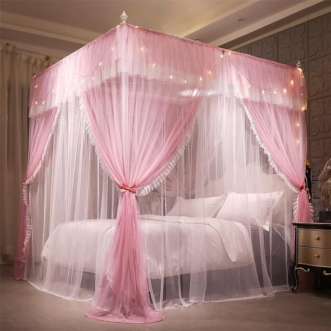 VETHIN 4 Corners Post Ruffle Princess Bed Canopy Curtain-Double Layer Cozy Drape Netting 4 Opening Mosquito Net for Girls Adults Bedroom Decoration (Pink/Whtie, 47" W*78" L*82" H/Twin)